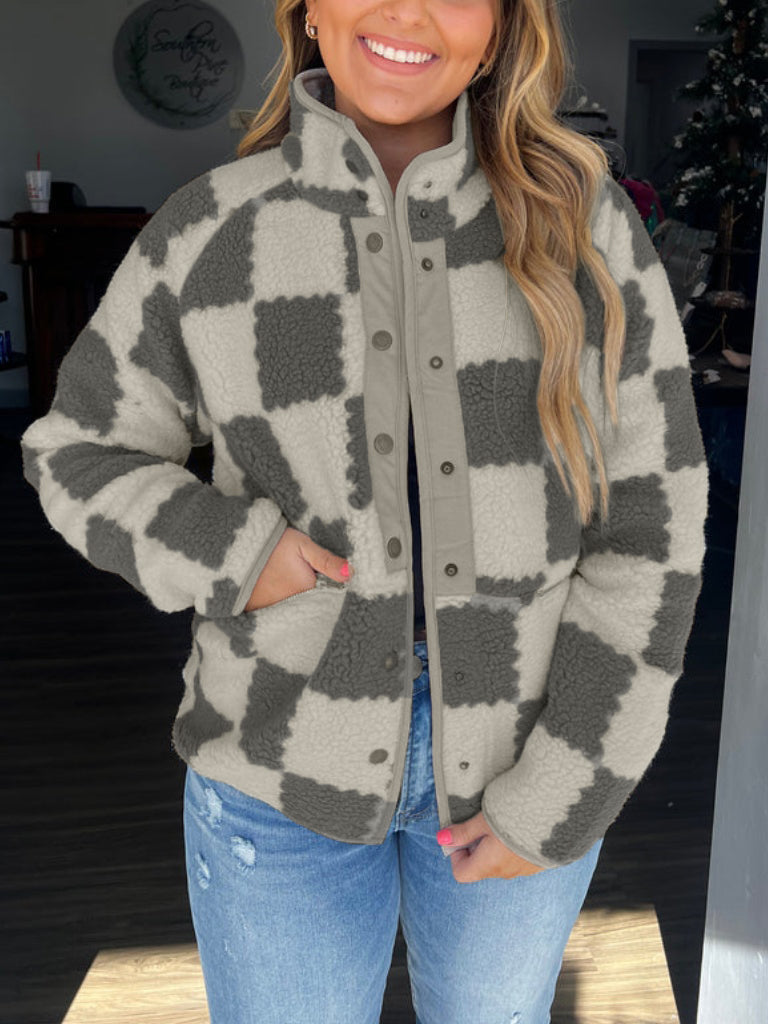 Corinne Ashwell | Checkered Fleece Snap Button Jacket For Women