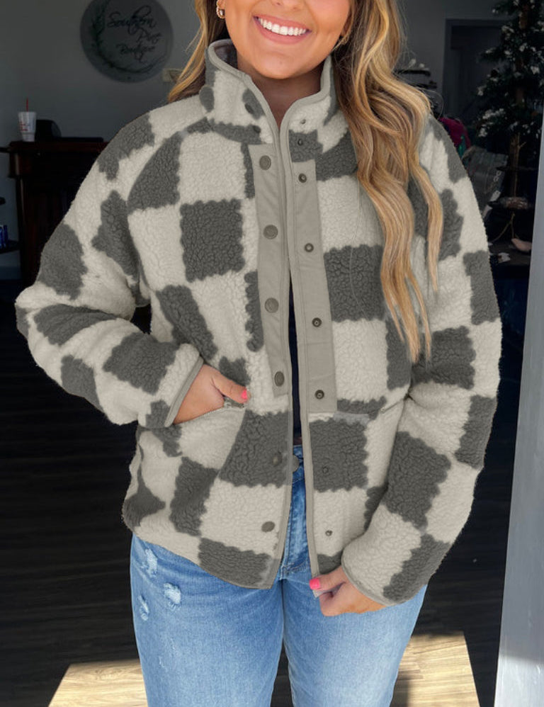 Corinne Ashwell | Checkered Fleece Snap Button Jacket For Women